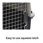 Close-up of a pet crate door latch with a black squeeze handle attached to a silver wire mesh door, with the text 'Easy to use squeeze latch' below on a white background. Showing an airline approved carrier for dogs and cats.
