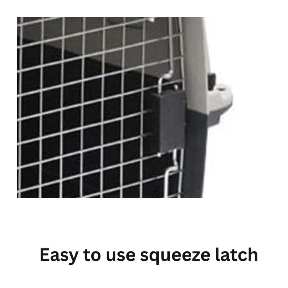 Close-up of a pet crate door latch with a black squeeze handle attached to a silver wire mesh door, with the text 'Easy to use squeeze latch' below on a white background. Showing an airline approved carrier for dogs and cats.