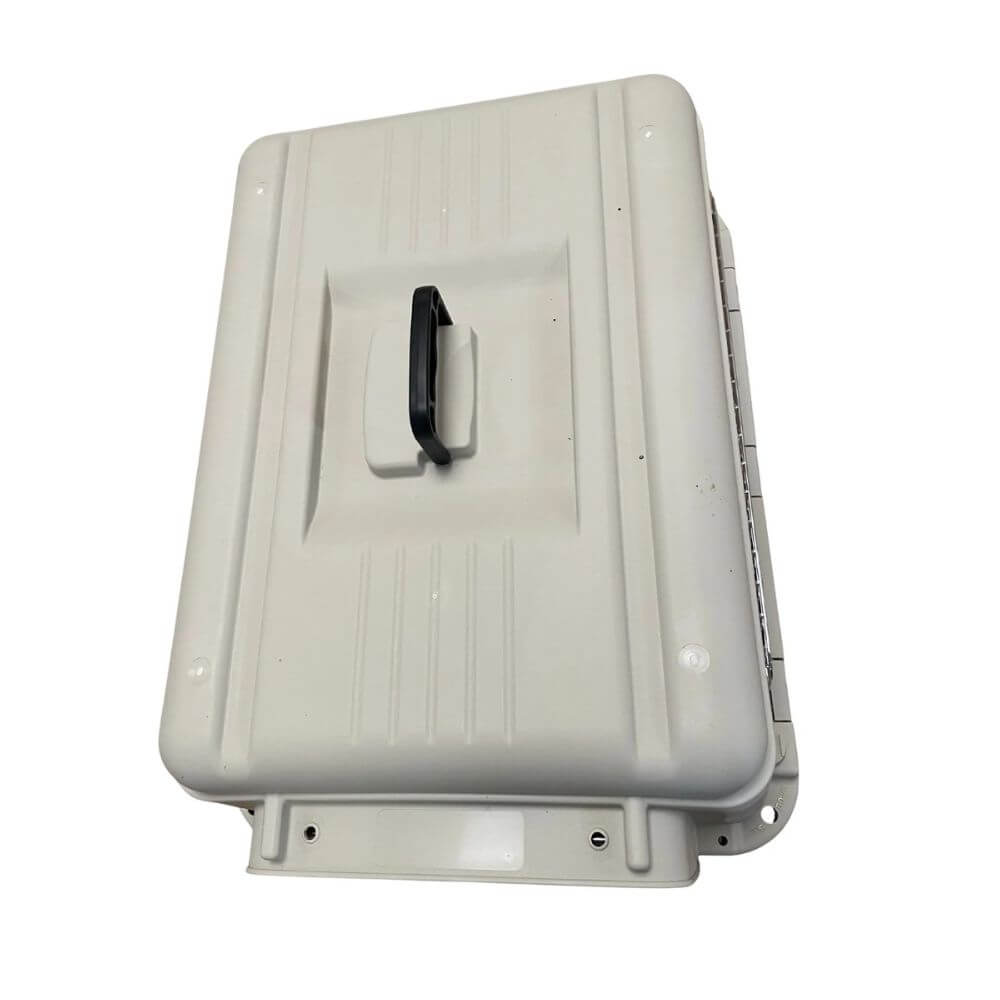A pet aviation carrier crate with a light gray top and dark gray base, featuring metal wire ventilation grates and a front door. Suitable for dogs and cats.