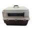 A pet aviation carrier crate with a light gray top and dark gray base, featuring metal wire ventilation grates and a front door. Suitable for dogs and cats.
