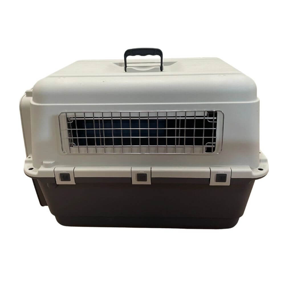 A pet aviation carrier crate with a light gray top and dark gray base, featuring metal wire ventilation grates and a front door. Suitable for dogs and cats.