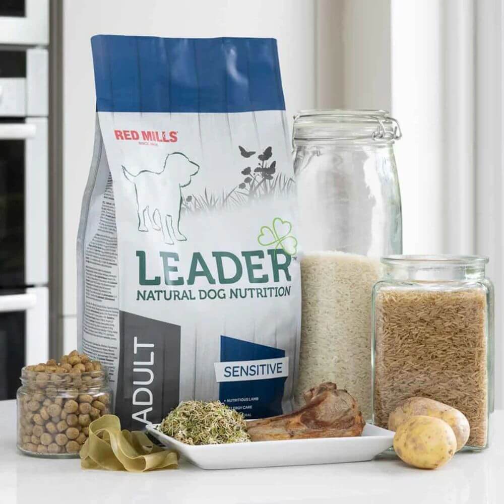 A bag of Red Mills Leader Natural Dog Nutrition Sensitive Adult dog food is displayed on a white countertop with ingredients including rice, dry kibble, wet food, and potatoes in glass jars and on a plate.