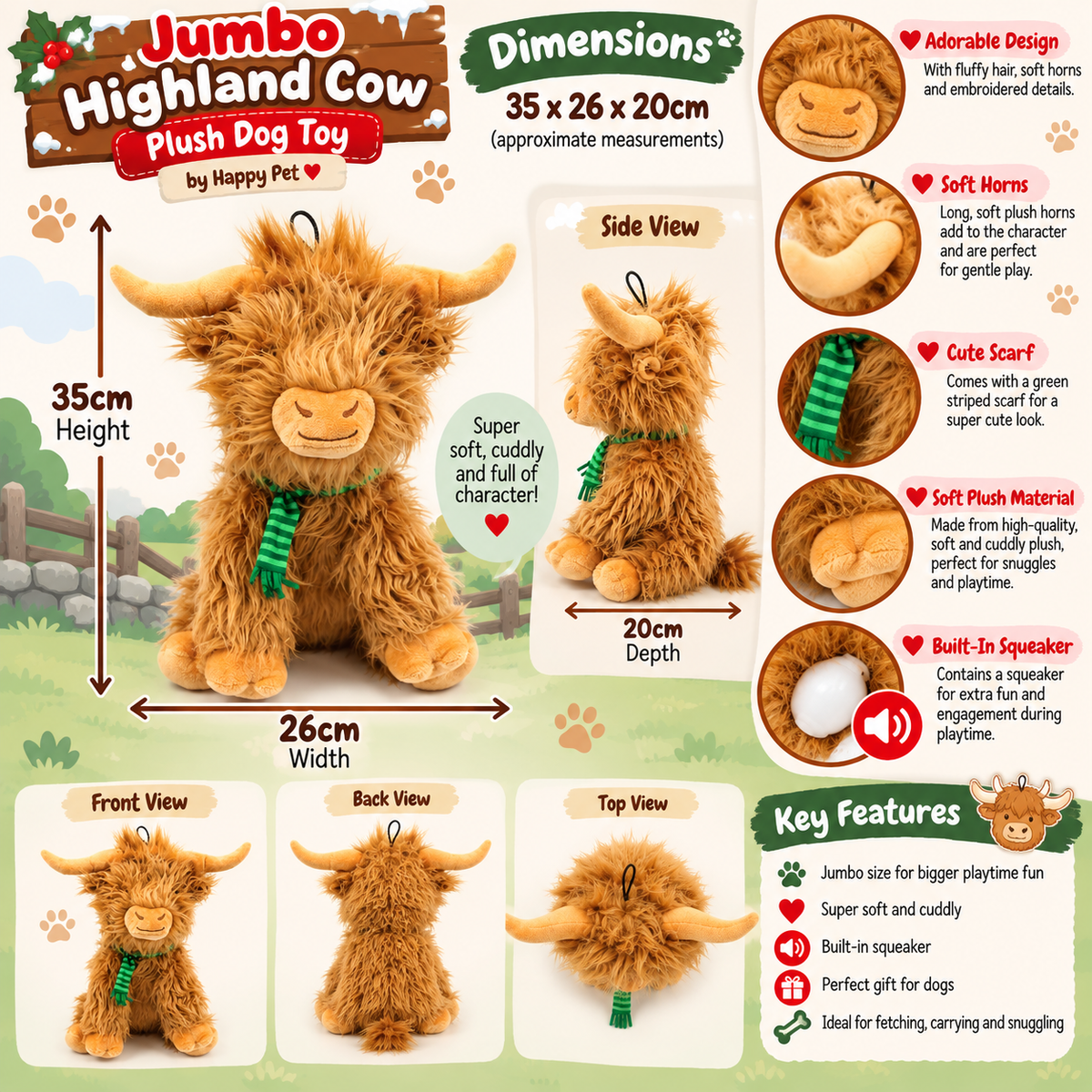 Jumbo Festive Highland Cow 🐂 Christmas Dog Toy by Happy Pet