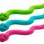Three colorful snake-shaped toys in green, blue, and pink on a white background