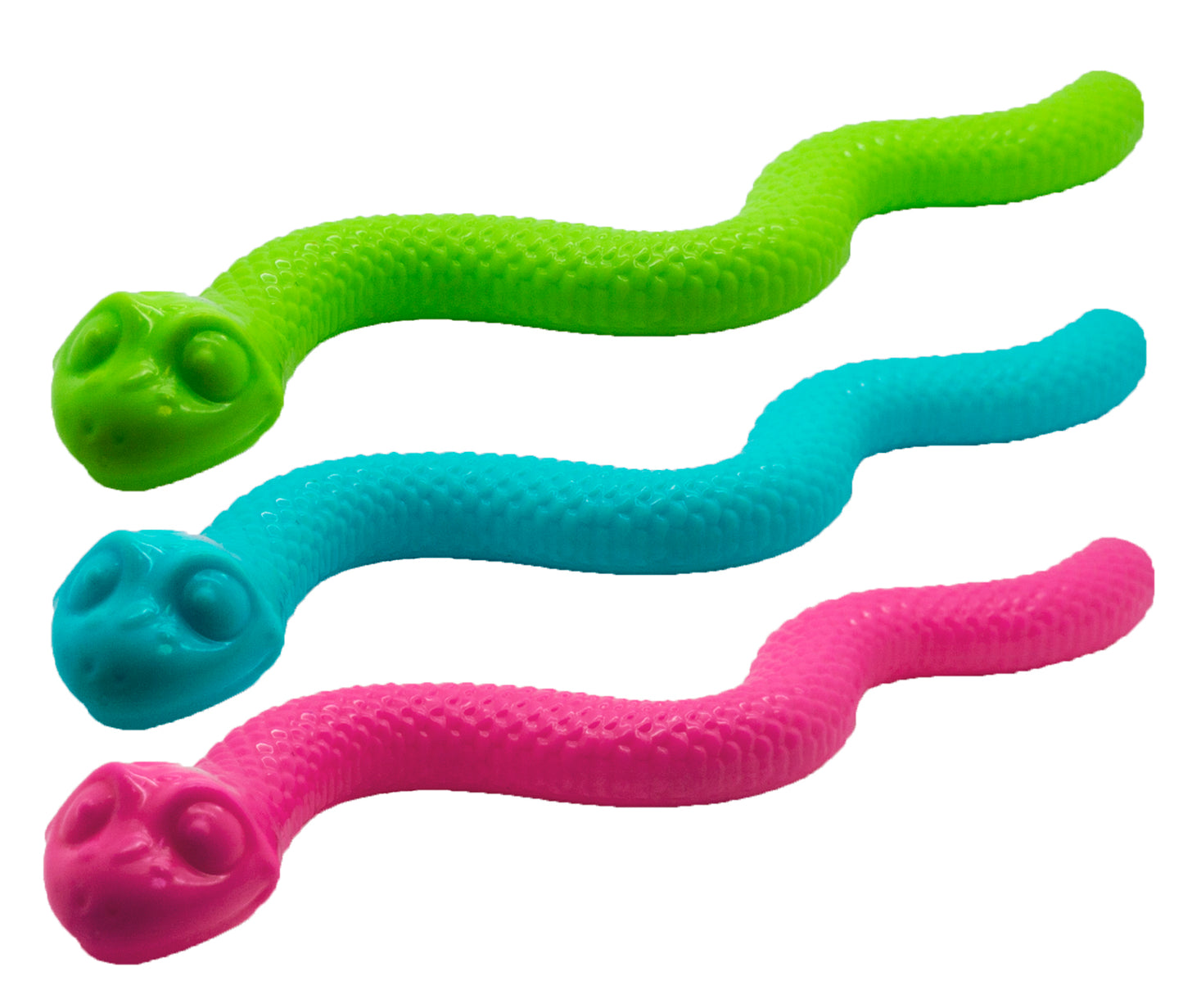 Three colorful snake-shaped toys in green, blue, and pink on a white background