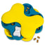 Yellow and blue dog puzzle toy with treats on a white background