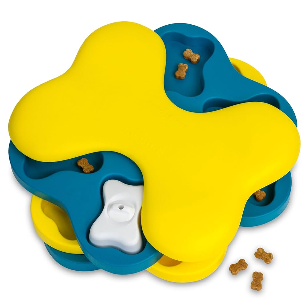Yellow and blue dog puzzle toy with treats on a white background