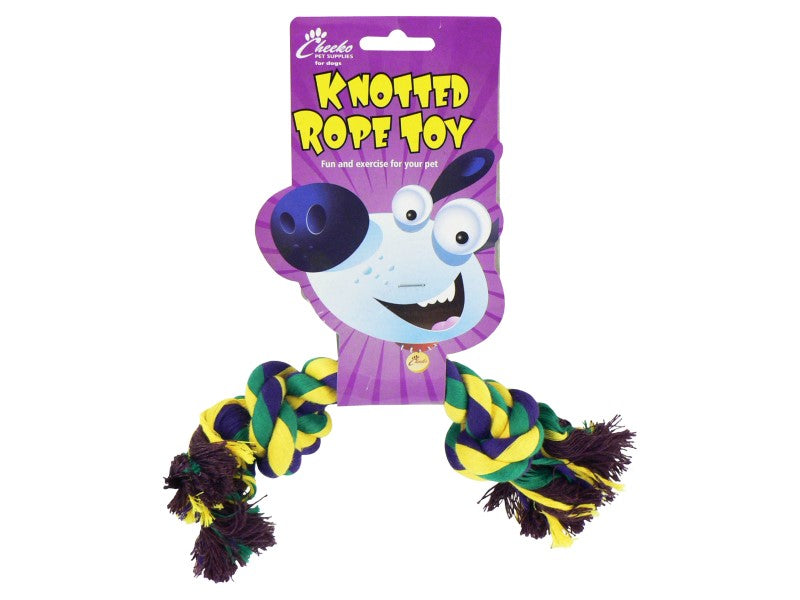 Knotted rope toy with a purple packaging featuring a cartoon dog face on a white background.