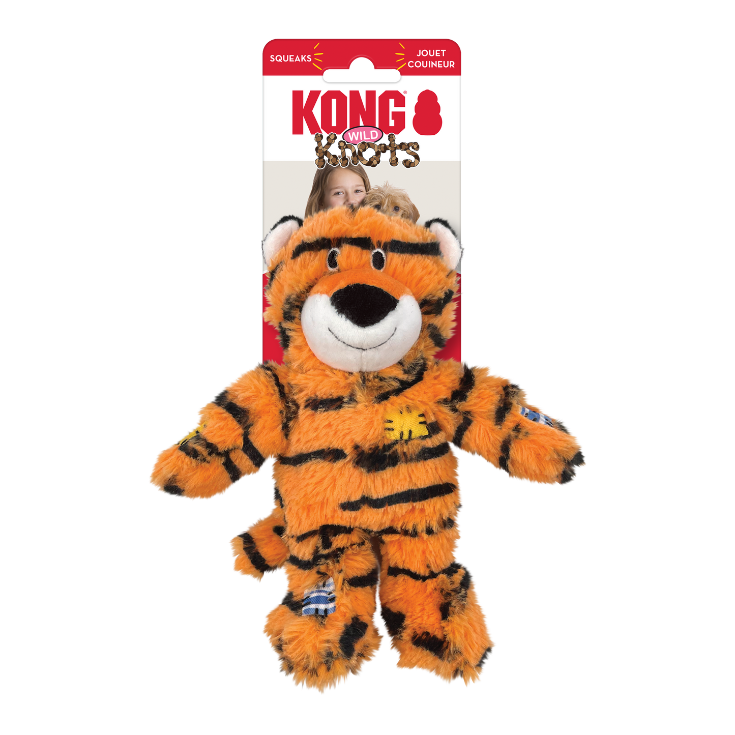 Kong Wild Knots tiger plush dog toy with packaging on a white background