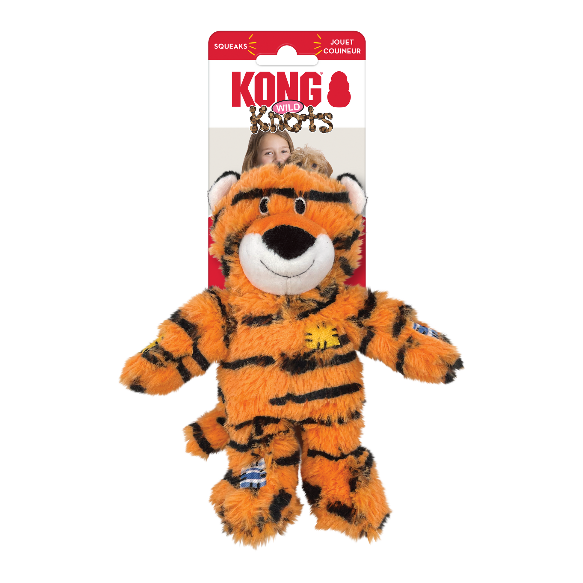 Kong Wild Knots tiger plush dog toy with packaging on a white background