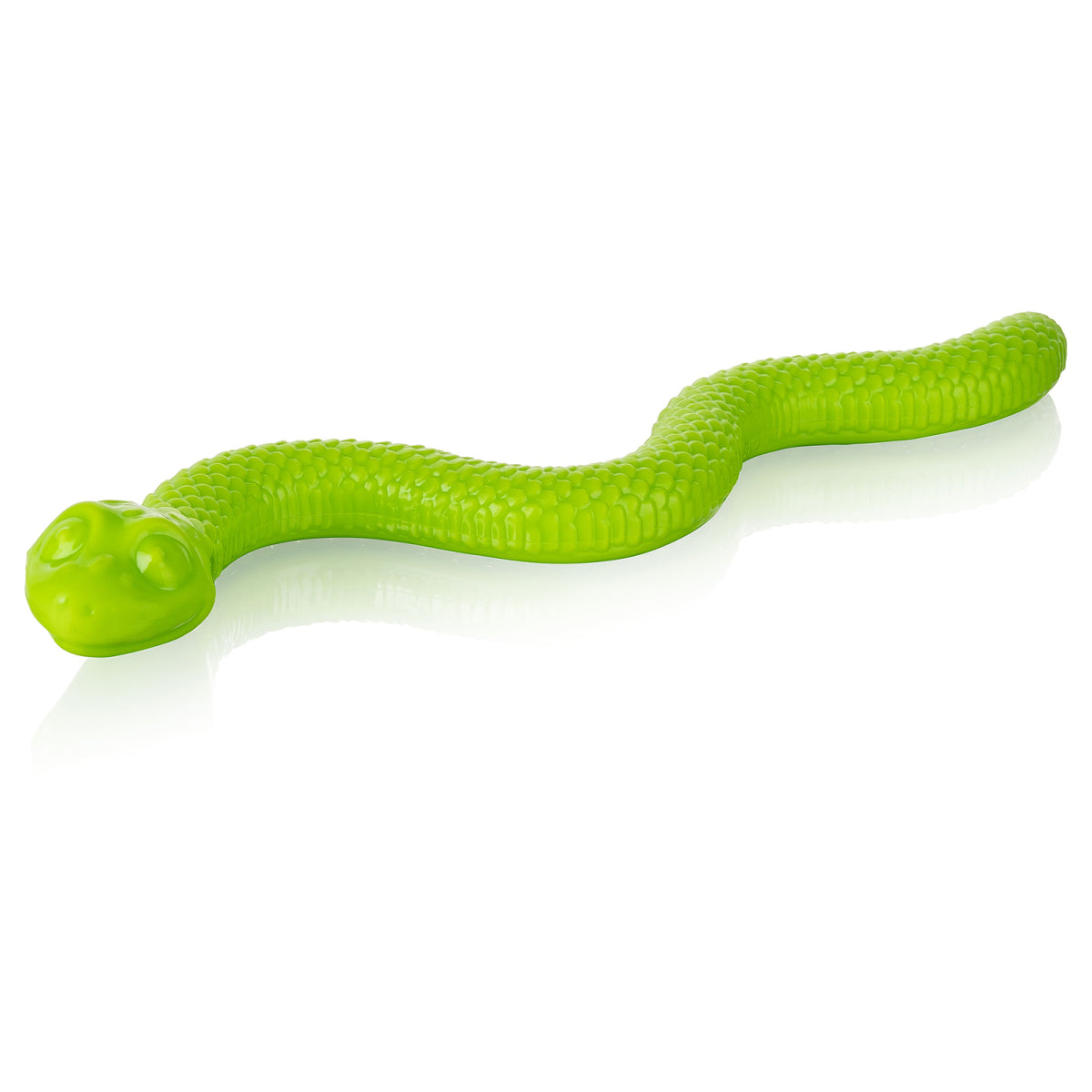 Green snake-shaped dog toy on a white background