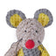 Plush dog toy mouse with gray body, yellow ears, and red nose on a white background