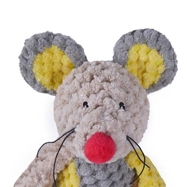 Plush dog toy mouse with gray body, yellow ears, and red nose on a white background