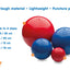 Set of red and blue Boomer Ball dog toys with size chart on a white background