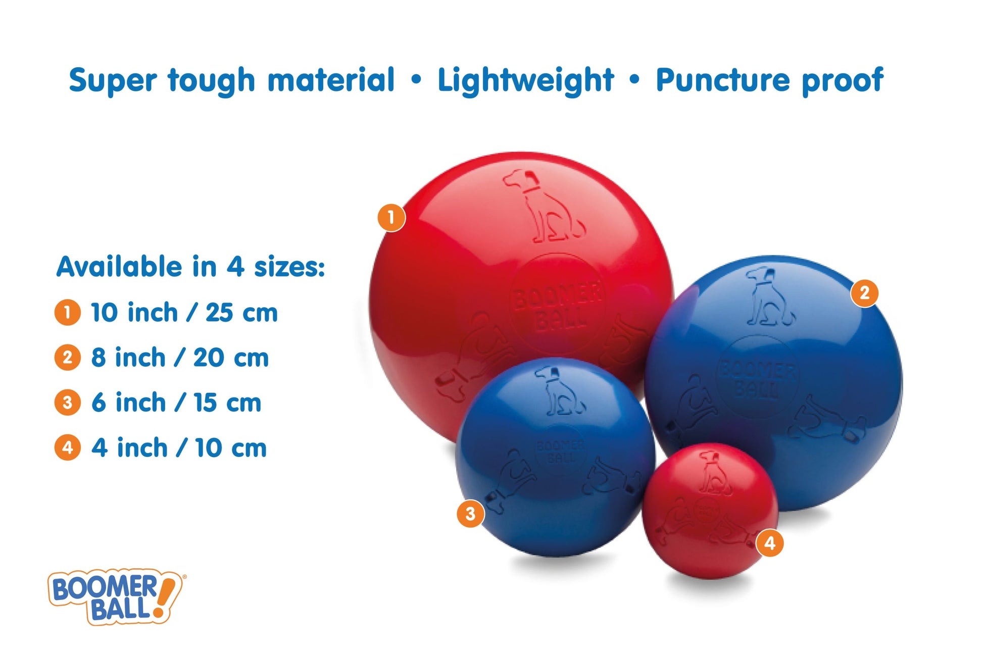 Set of red and blue Boomer Ball dog toys with size chart on a white background