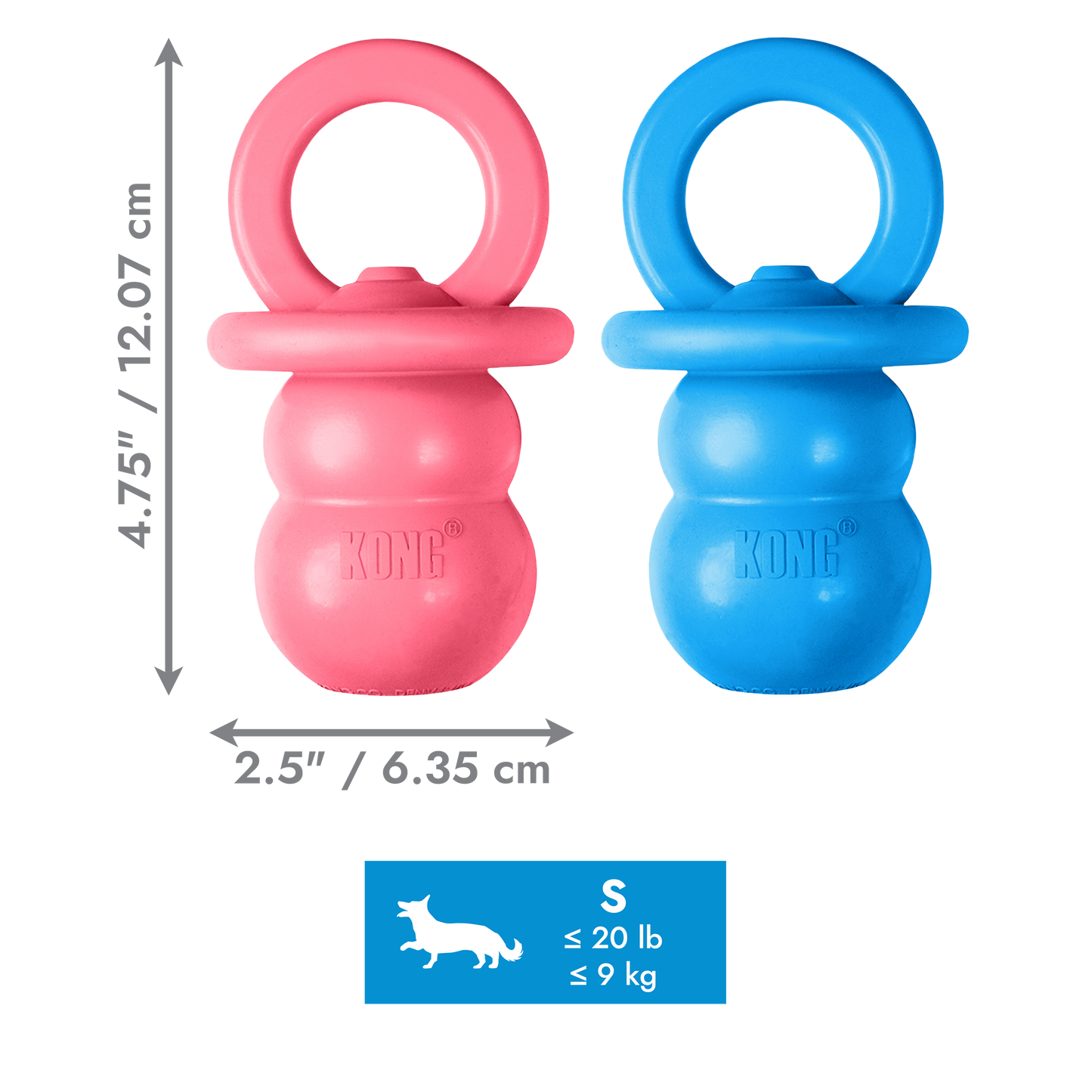 Two KONG dog toys, one pink and one blue, with measurements and size indication on a white background.