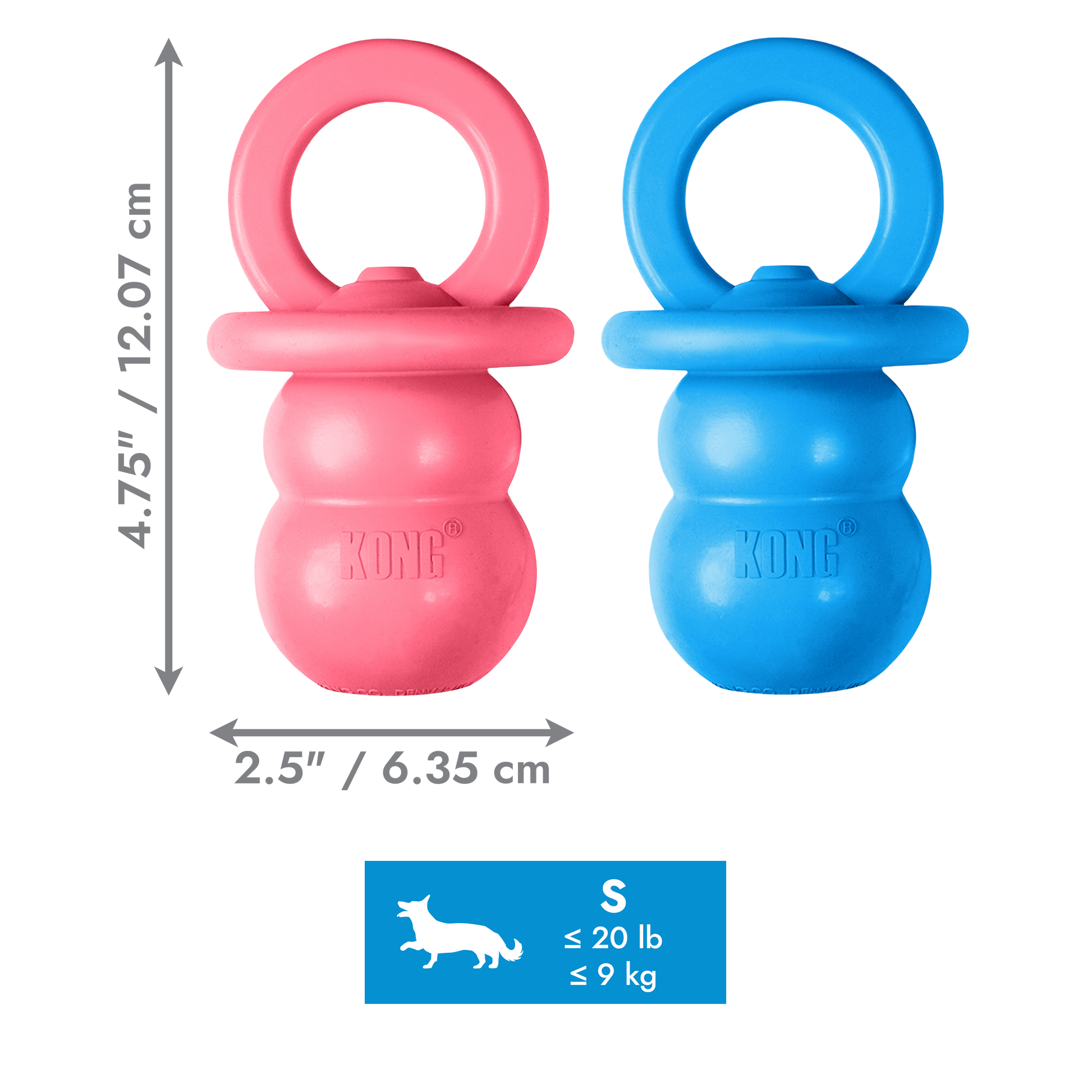 Two KONG dog toys, one pink and one blue, with measurements and size indication on a white background.