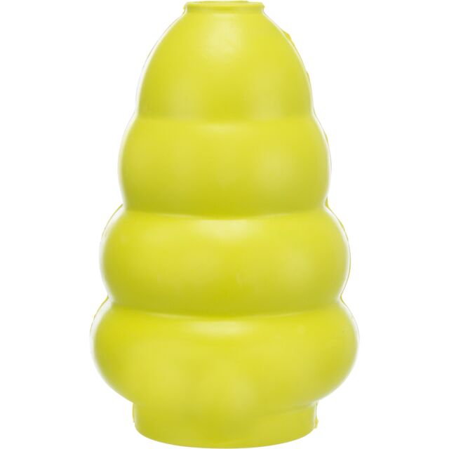 Yellow dog toy with a unique spiral design on a white background
