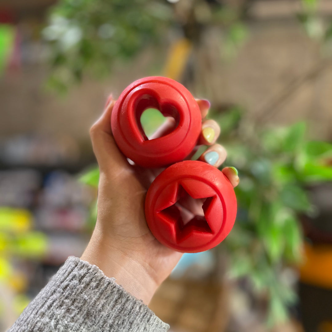 Hand holding two red  dog toys with heart and star shapes against a blurred outdoor background.