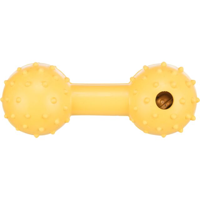 Yellow dog toy with a textured design on a white background