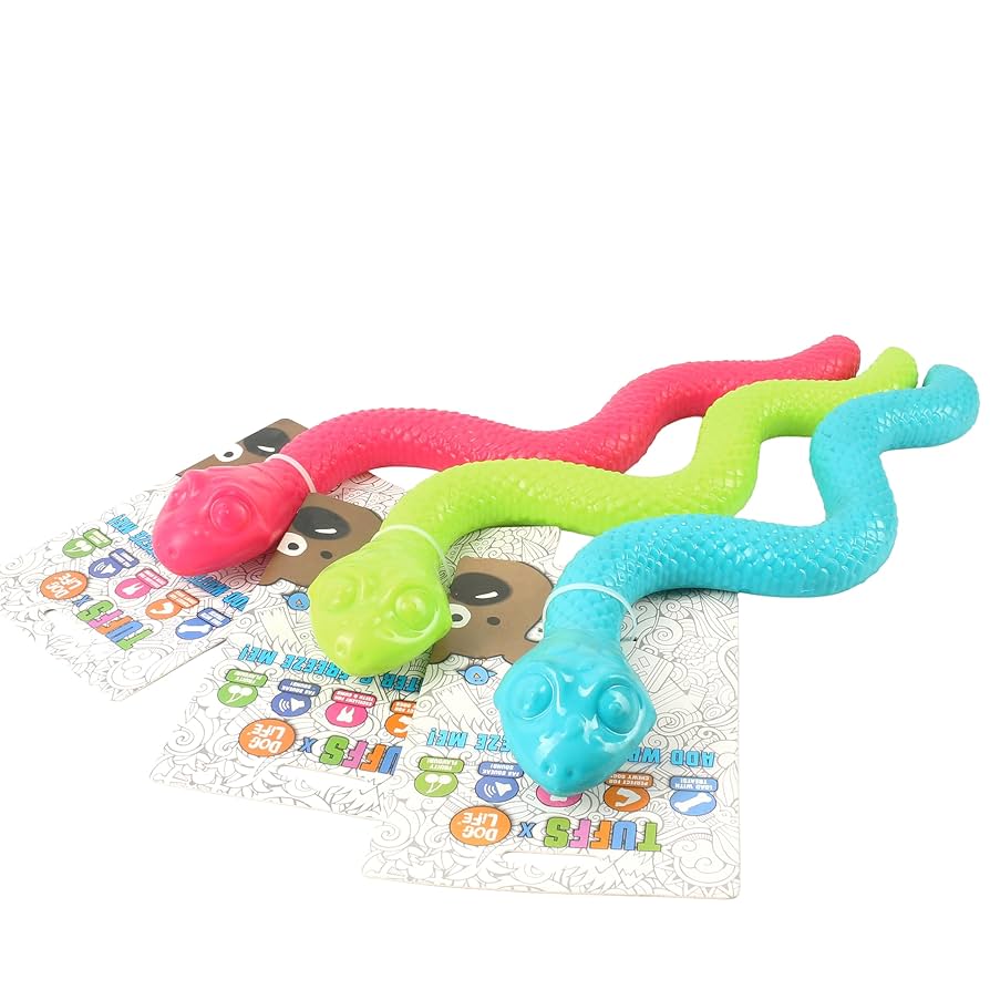 Colorful snake-shaped dog toy on a white background
