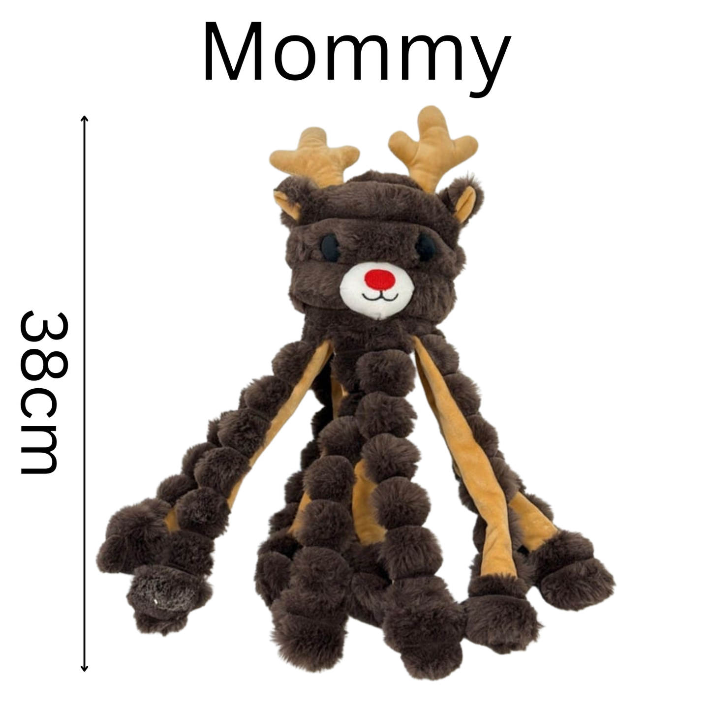 Plush reindeer dog toy with antlers and braided legs, labeled 'Mommy', on a white background.