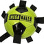 Yellow dog ball with black straps labeled 'Mega Balls' on a white background