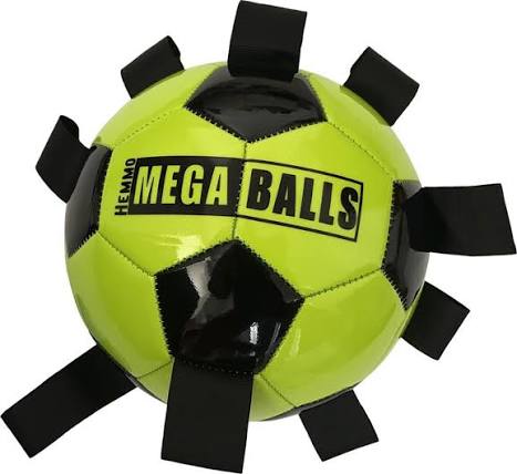 Yellow dog ball with black straps labeled 'Mega Balls' on a white background