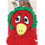 Red and green plush dog toy with a face on a KONG Dodo packaging