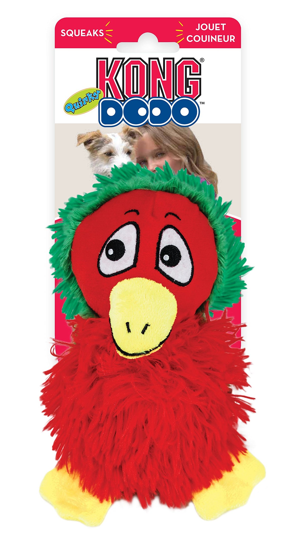 Red and green plush dog toy with a face on a KONG Dodo packaging