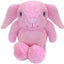Pink plush dog toy with long ears on a white background