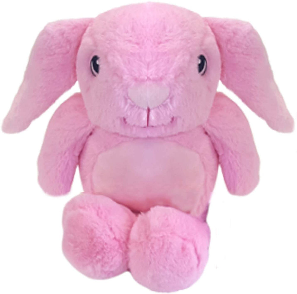 Pink plush dog toy with long ears on a white background