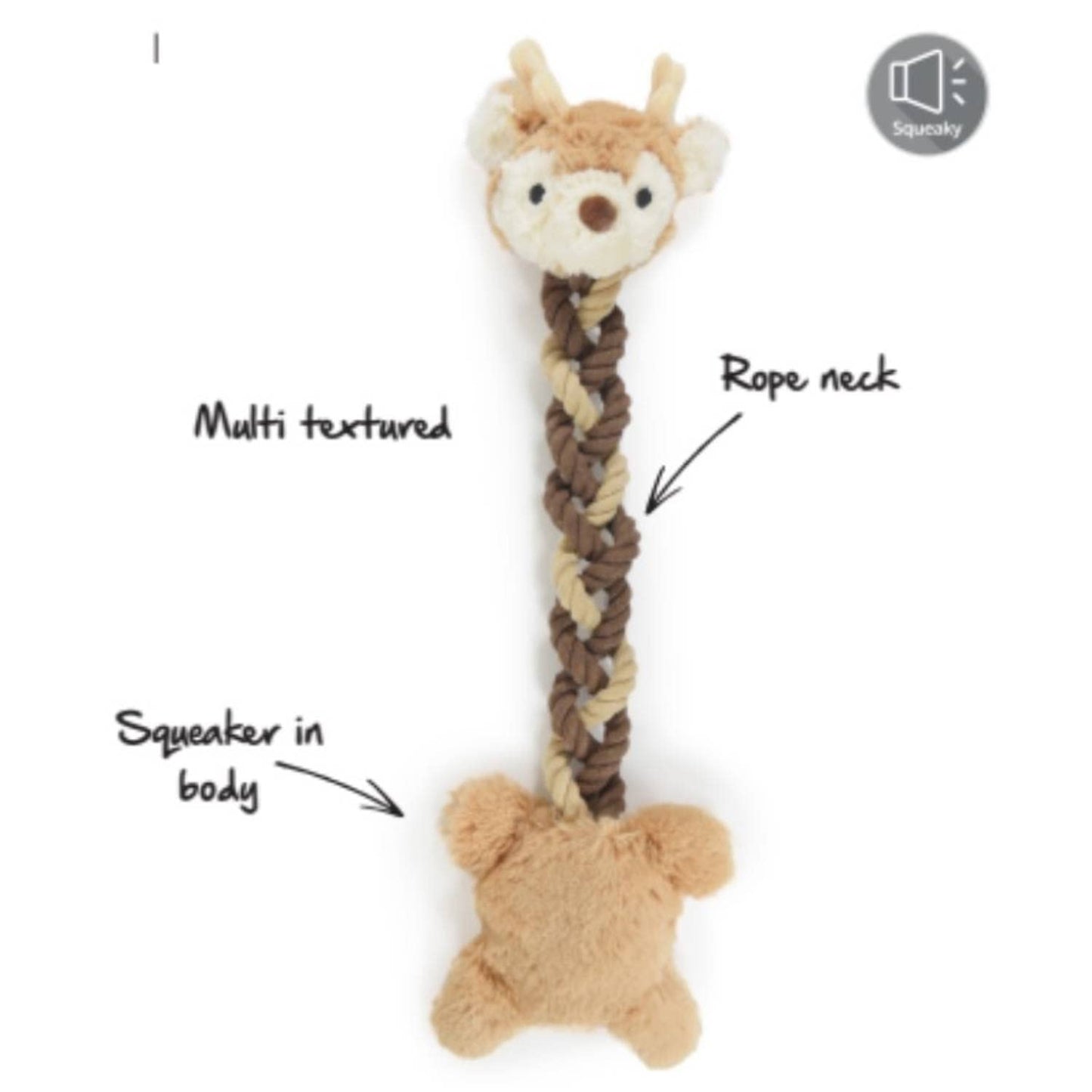 Dog toy with rope neck and multi-textured features on a white background