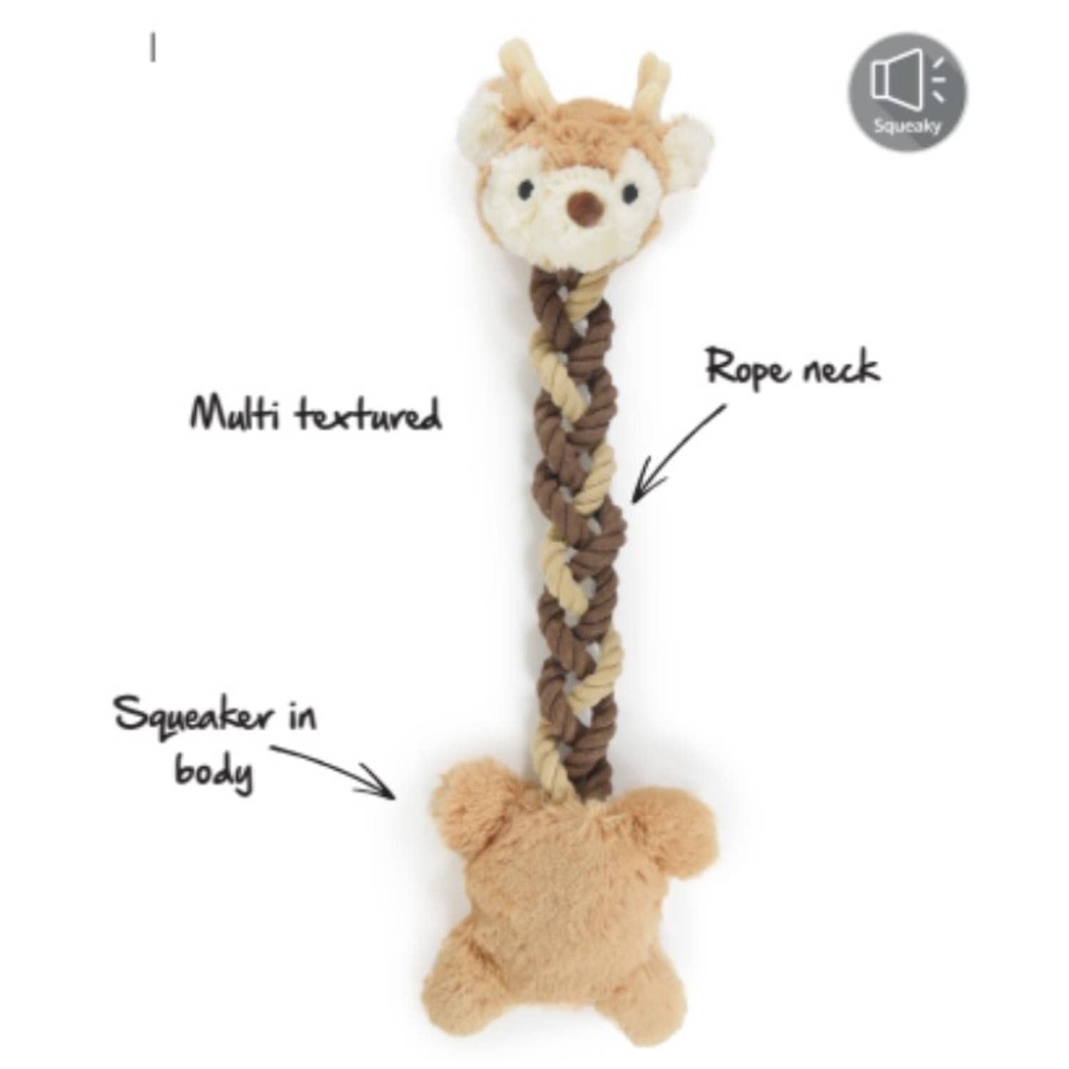 Dog toy with rope neck and multi-textured features on a white background