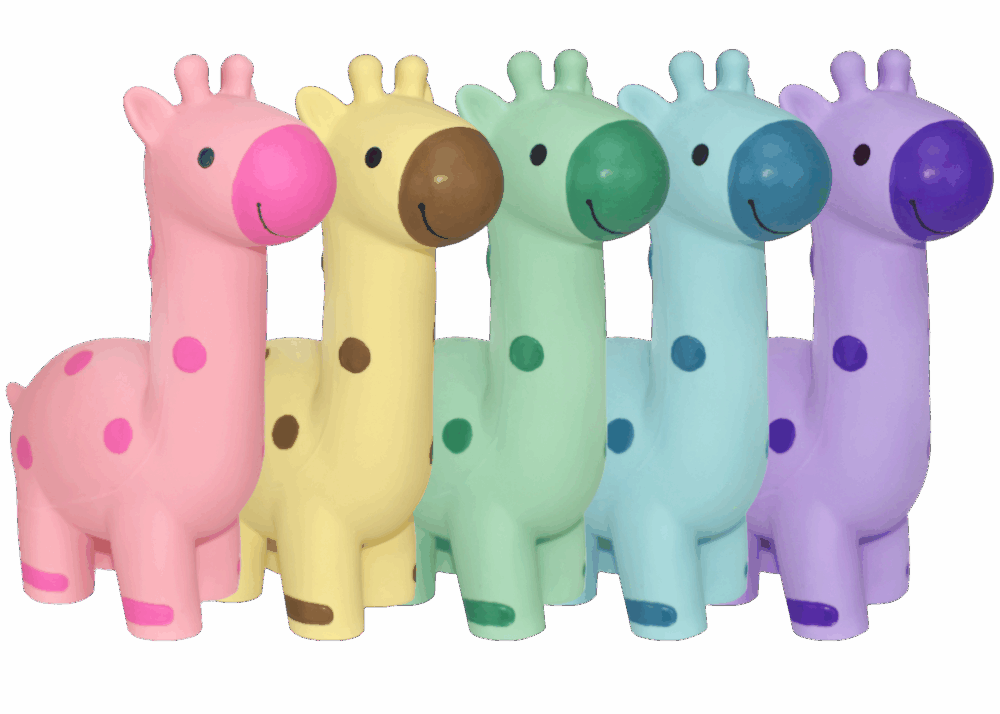 Five colorful giraffe-shaped dog toys in pink, yellow, green, blue, and purple on a gray background.