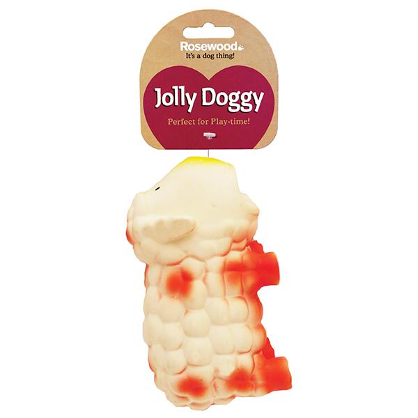 Dog toy shaped like a sheep with red spots on a white background, branded 'Jolly Doggy'.