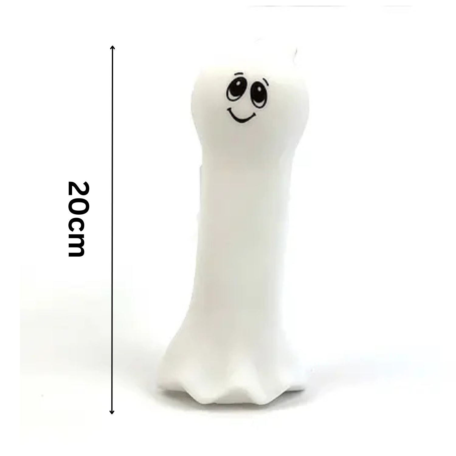 White ghost-shaped dog toy with a smiley face and measurement label on a white background