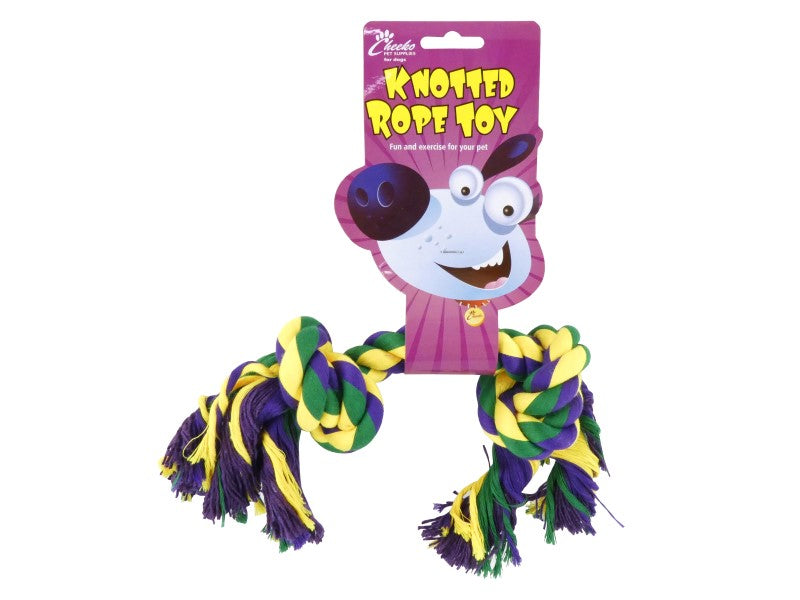 Knotted rope toy with colorful braided ends on a white background