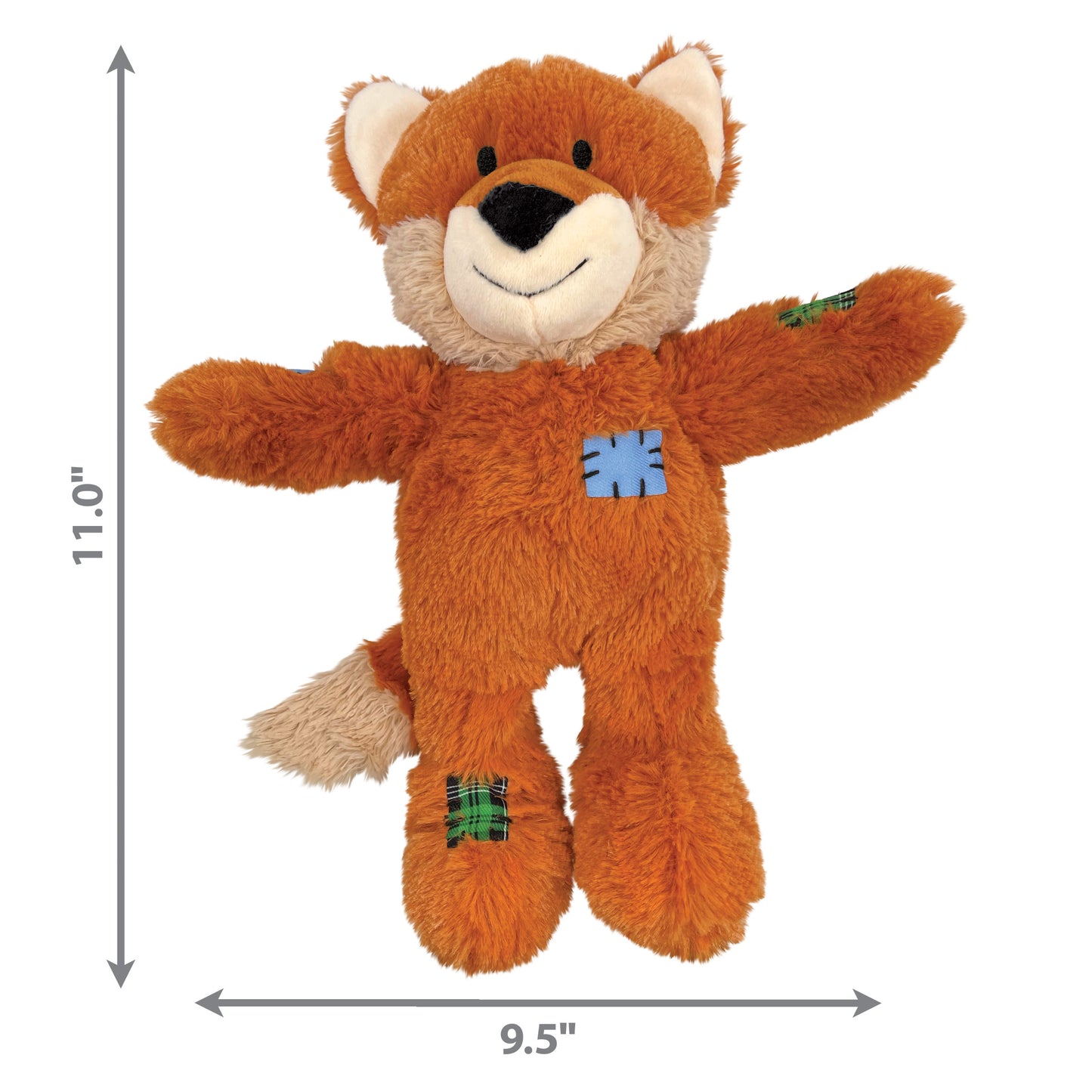 Plush dog toy fox with dimensions on a white background