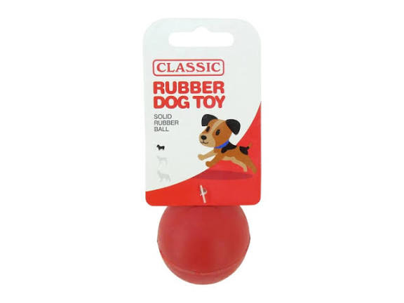 Red rubber dog toy with a 'Classic Rubber Dog Toy' label on a white background