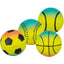 Four colorful sports dog balls including a soccer ball, tennis ball, and basketball on a white background.