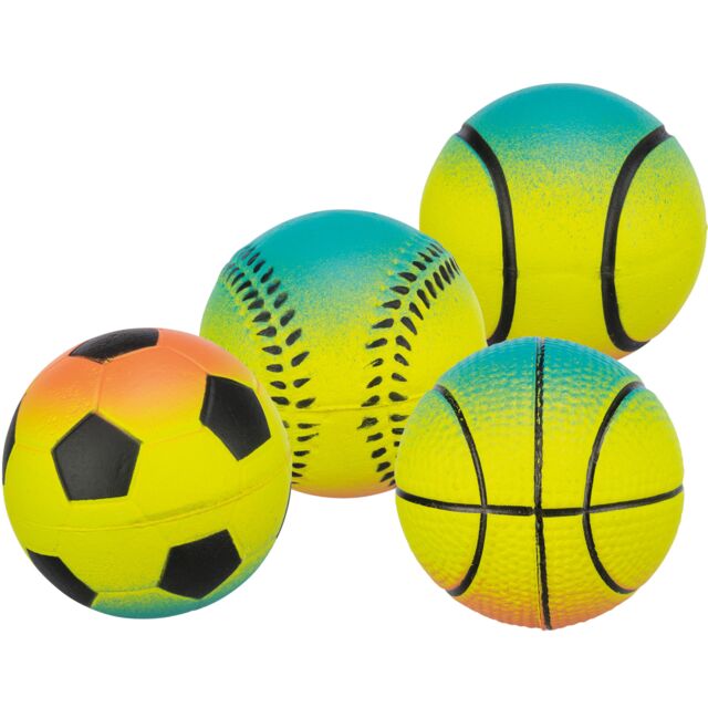 Four colorful sports dog balls including a soccer ball, tennis ball, and basketball on a white background.