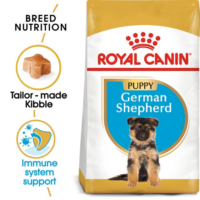 Royal Canin German Shepherd Puppy food packaging with key features highlighted.