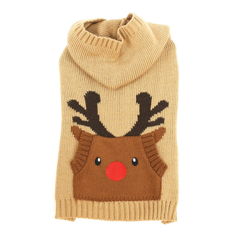 Knitted dog sweater with reindeer design on a white background