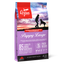 Orijen Puppy Large dog food package with a silhouette of a person and dog against a sunset sky.
