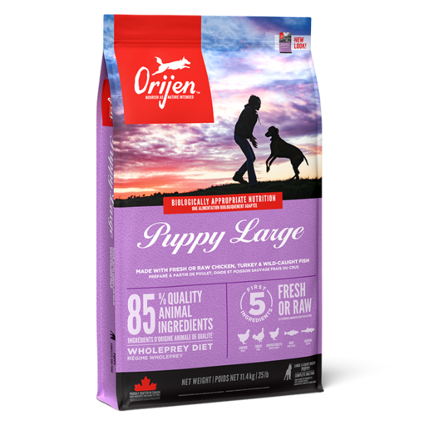 Orijen Puppy Large dog food package with a silhouette of a person and dog against a sunset sky.