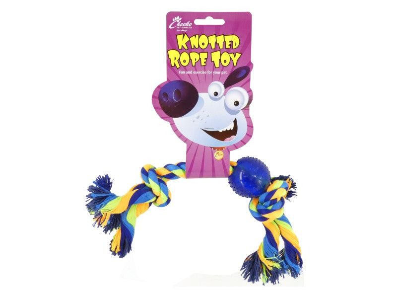 Knotted rope toy with colorful braided ends on a white background