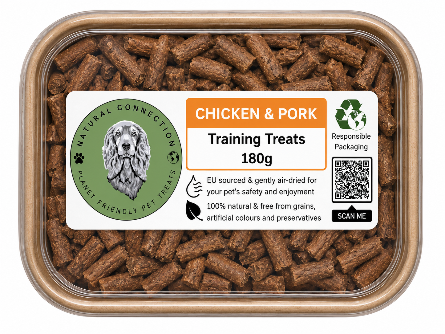Container of chicken and pork training treats with a label on a white background