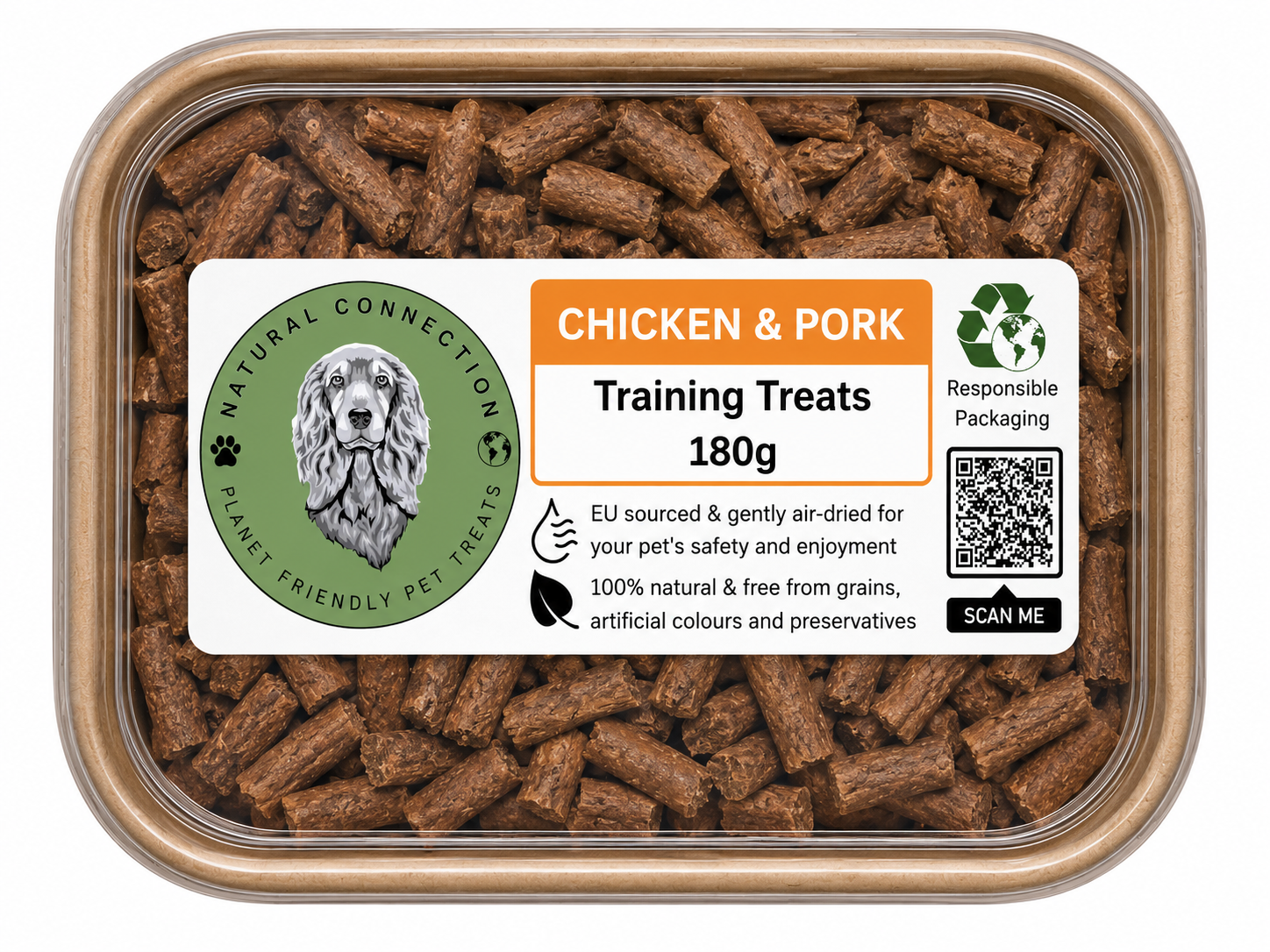 Container of chicken and pork training treats with a label on a white background