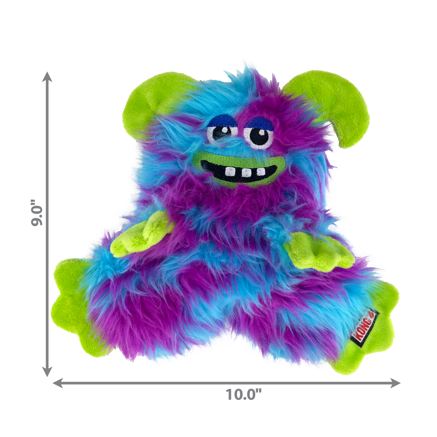 Colorful plush dog toy with dimensions on a white background